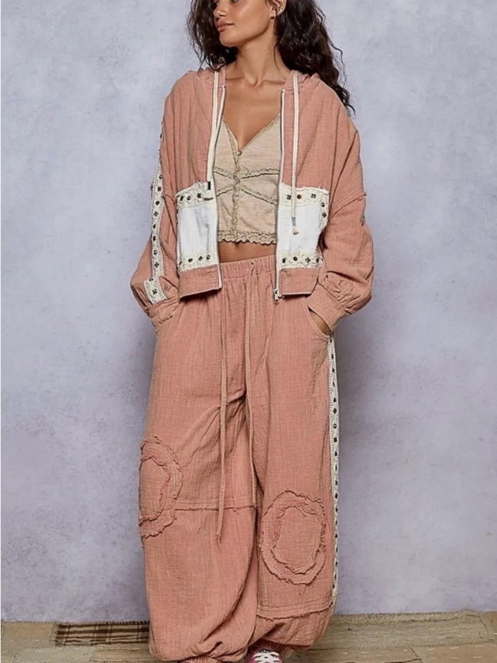 POL Studded Wide-Leg Pants & Zip Hoodie Set dusty  Rose Large L